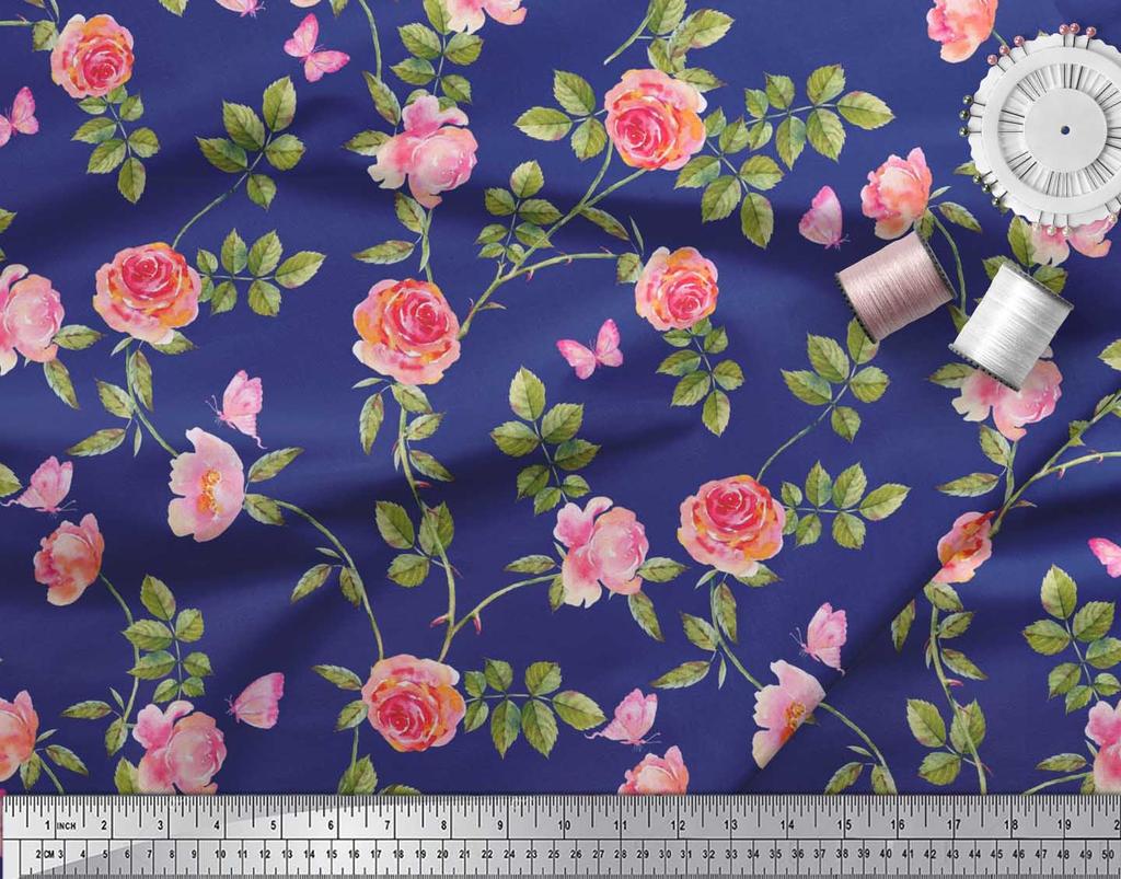 Soimoi Японская креп-сатиновая ткань с листьями, розами и пионами, ткань с цветочным принтом по метрам, 42 дюйма