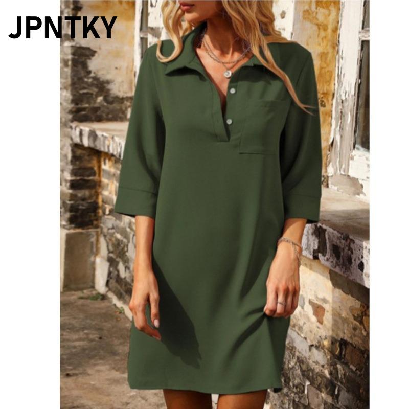 JPNTKY Модные Летние Весенние Однотонные с Принтом Платья Повседневные с Длинным Рукавом и Воротником Поло