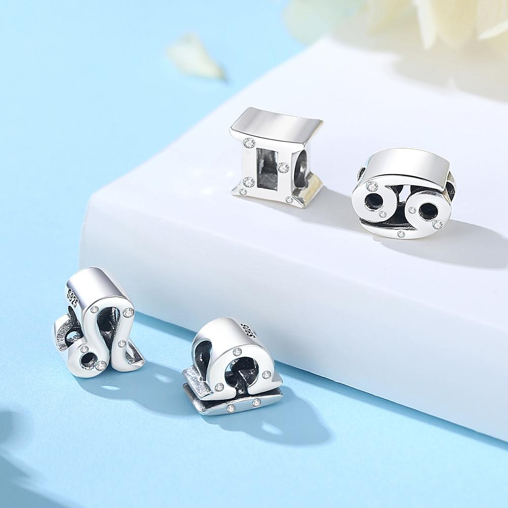 Original 925 Silver Charms Beads 12 Zodiac A-Z Letters Virgo Aries Fit Pan Bracelets Necklaces Jewelry For Women