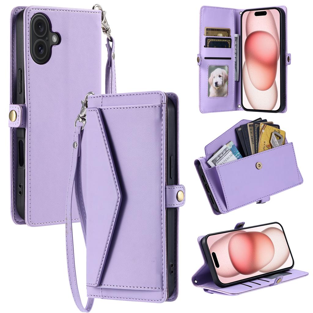 For iPhone 17 Leather Case with Wrist Strap Wallet Stand Phone Cover
