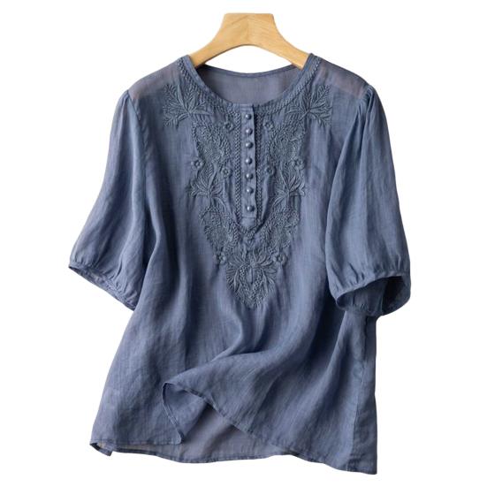 Женский топ с вышивкой и круглым вырезом Элегантный короткий рукав из хлопка и льна с винтажной вышивкой