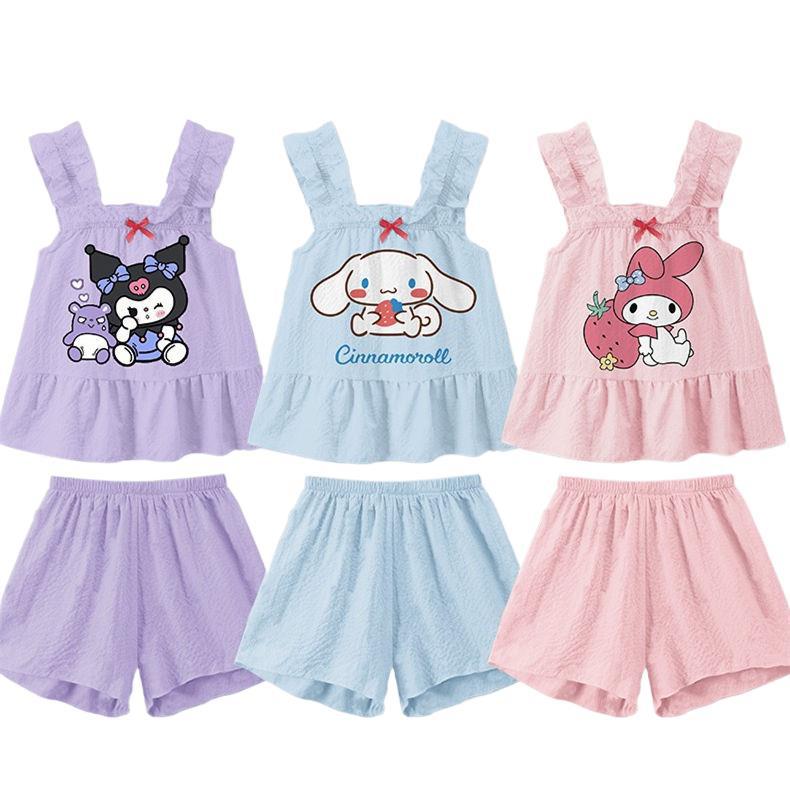 Girls Cartoon Tank Top and Short Sleeve Pajama Set Lightweight Summer Sleepwear