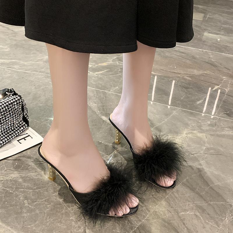 Fashion 2025 Summer New Women's Stiletto Sandals Party Sexy Women's High Heels Furry Shoes Plus Size 43 Women's Slippers