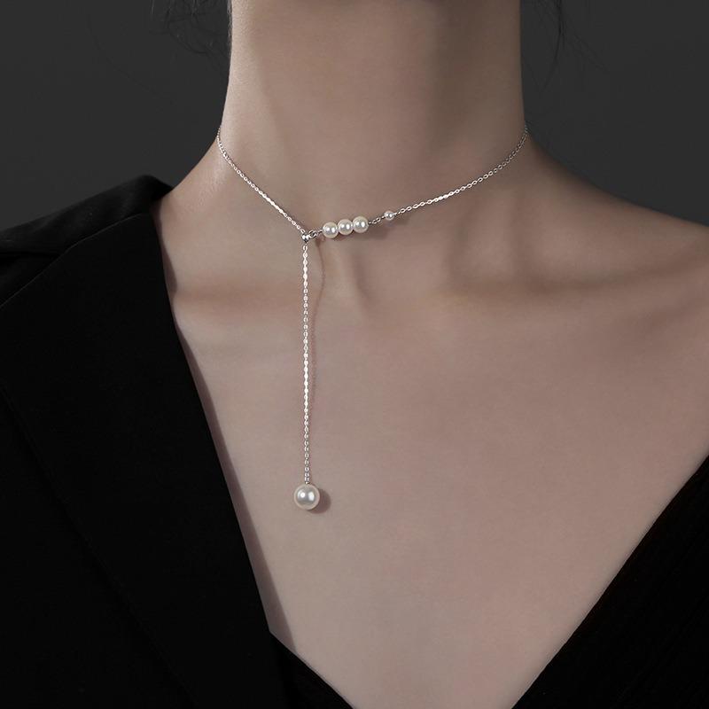 Серебряное жемчужное ожерелье Женская цепочка на ключицу Легкая роскошная цепочка для свитера