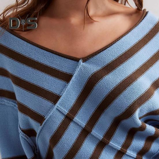 Женский свитер с длинным рукавом, полосатый, цветной, трикотажный свитер с V-образным вырезом, свободный пуловер, джемпер, топы, повседневная одежда