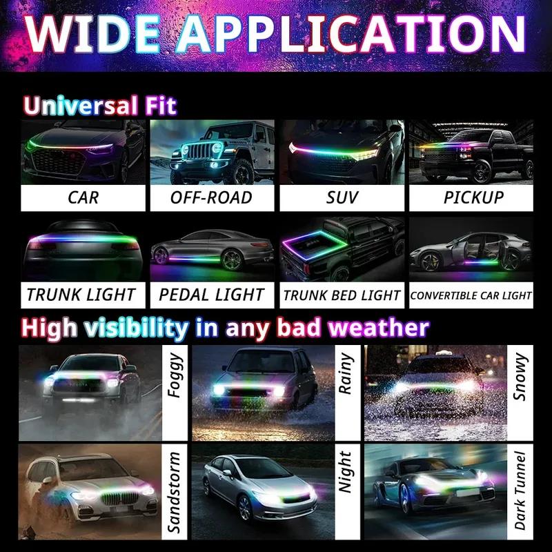 Управление через приложение RGB Светодиодная лента для капота автомобиля Многоцветная светодиодная подсветка акцента моторного отсека Окружающая декоративная подсветка экстерьера Багажники Внедорожники Пикапы