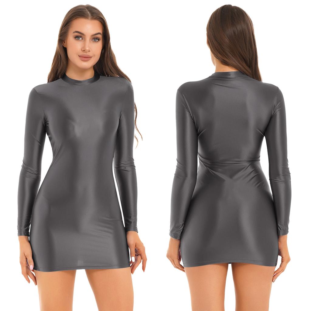 Womens Glossy Long Sleeve Bodycon Dress Nightwear Solid Color Smooth Stretchy Mock Neck Tight Dresses