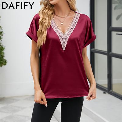 Женские модные летние и весенние повседневные однотонные блузки и рубашки с короткими рукавами и кружевным v-образным вырезом с принтом