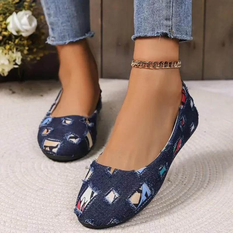 Women Loafers 2025 New Mixed Colors Patchwork Denim Breathable Shoes Casual Round Toe Slip On Shallow Shoes