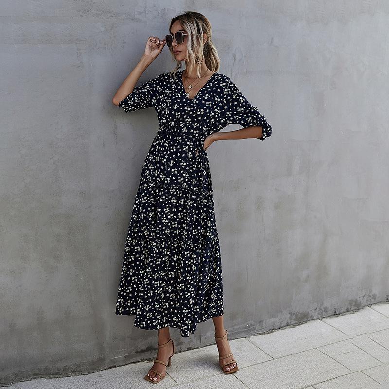 Летнее платье макси с принтом, длинное, тонкое, с V-образным вырезом, высокой талией, половиной рукава, темно-синее, SML XL