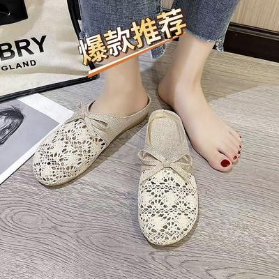 Тапочки женские 2025 новые летние универсальные для улицы сетчатые дышащие нескользящие льняные хлопковые с закрытым носком полутапочки сандалии женские