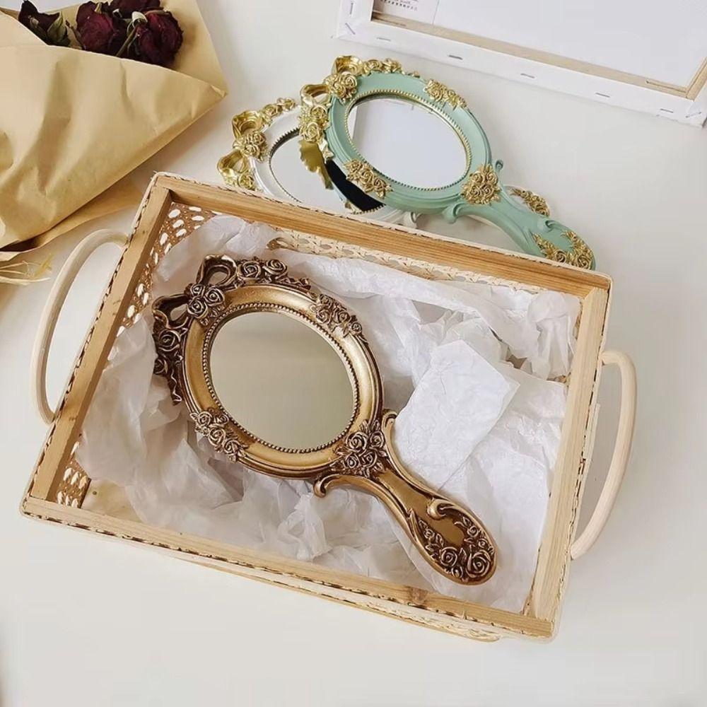 Embossed Rose Handheld Mirrors Single-Sided Vintage Mirror Creative Cosmetic Mirror Travel Use