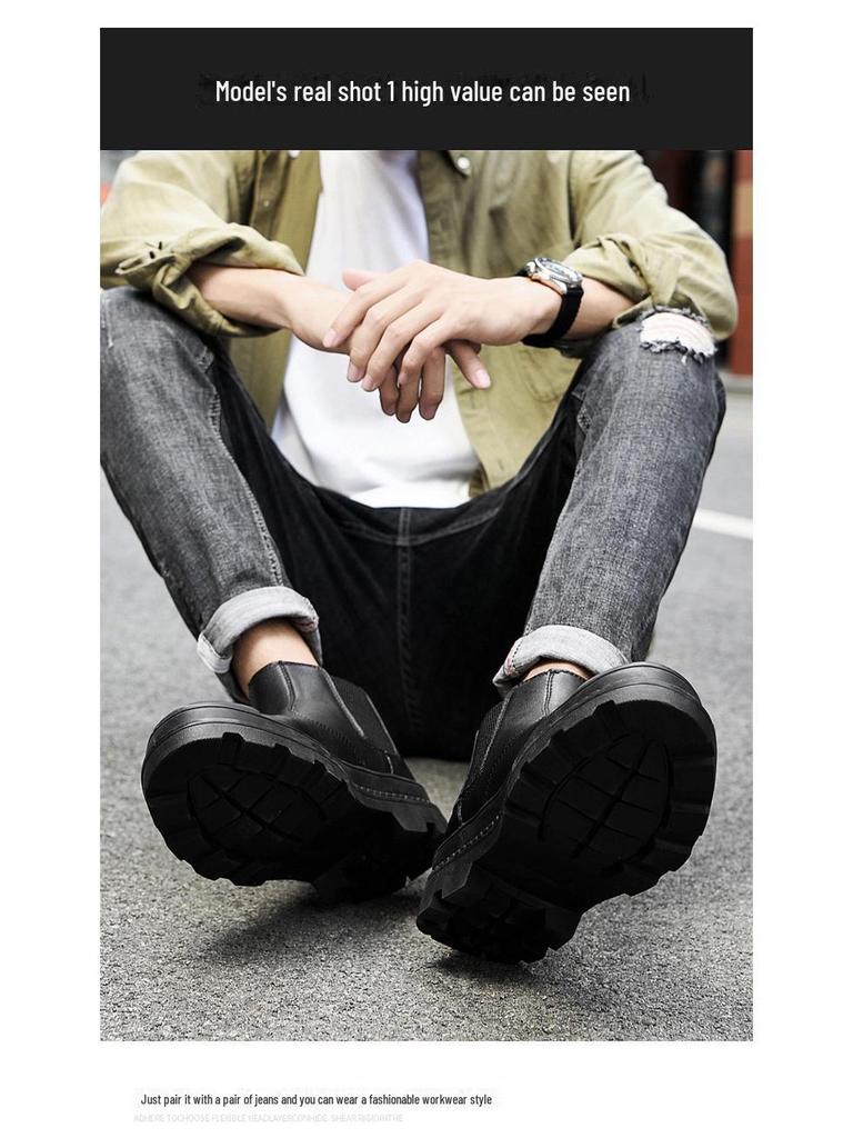 Men's Plus Size Chelsea Martin Boots: High-Top Leather Short Boots with Velvet Lining for Outdoor Wear.