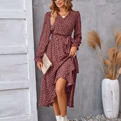 Женские платья-миди Платья с v-образным вырезом и цветочным принтом