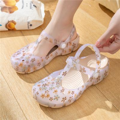 Модные женские прозрачные сандалии с принтом, обувь с отверстиями, летняя пляжная женская садовая обувь, уличные домашние женские тапочки, желе Mujer