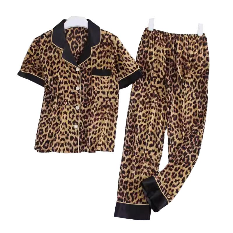 Pajamas Casual Clothing Summer Short Sleeve Trousers Thin Leopard Print Lapel Loungewear