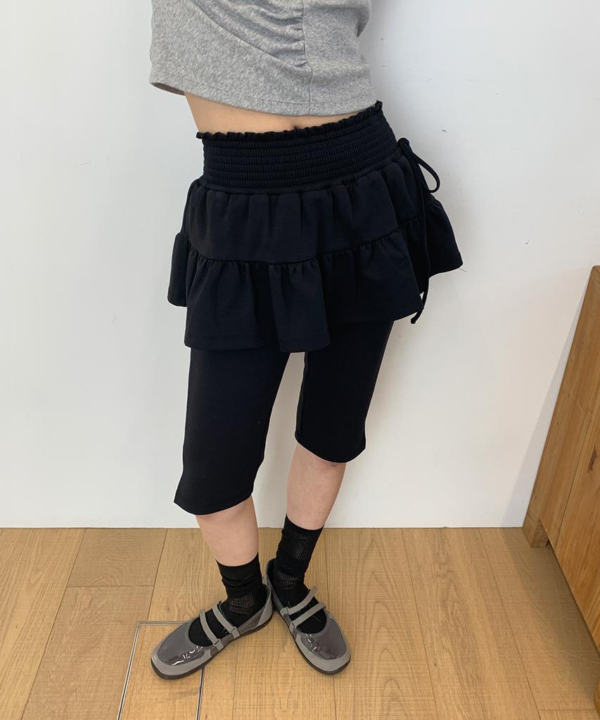 RONRON Smocked Shirring Capri Leggings Pants Black