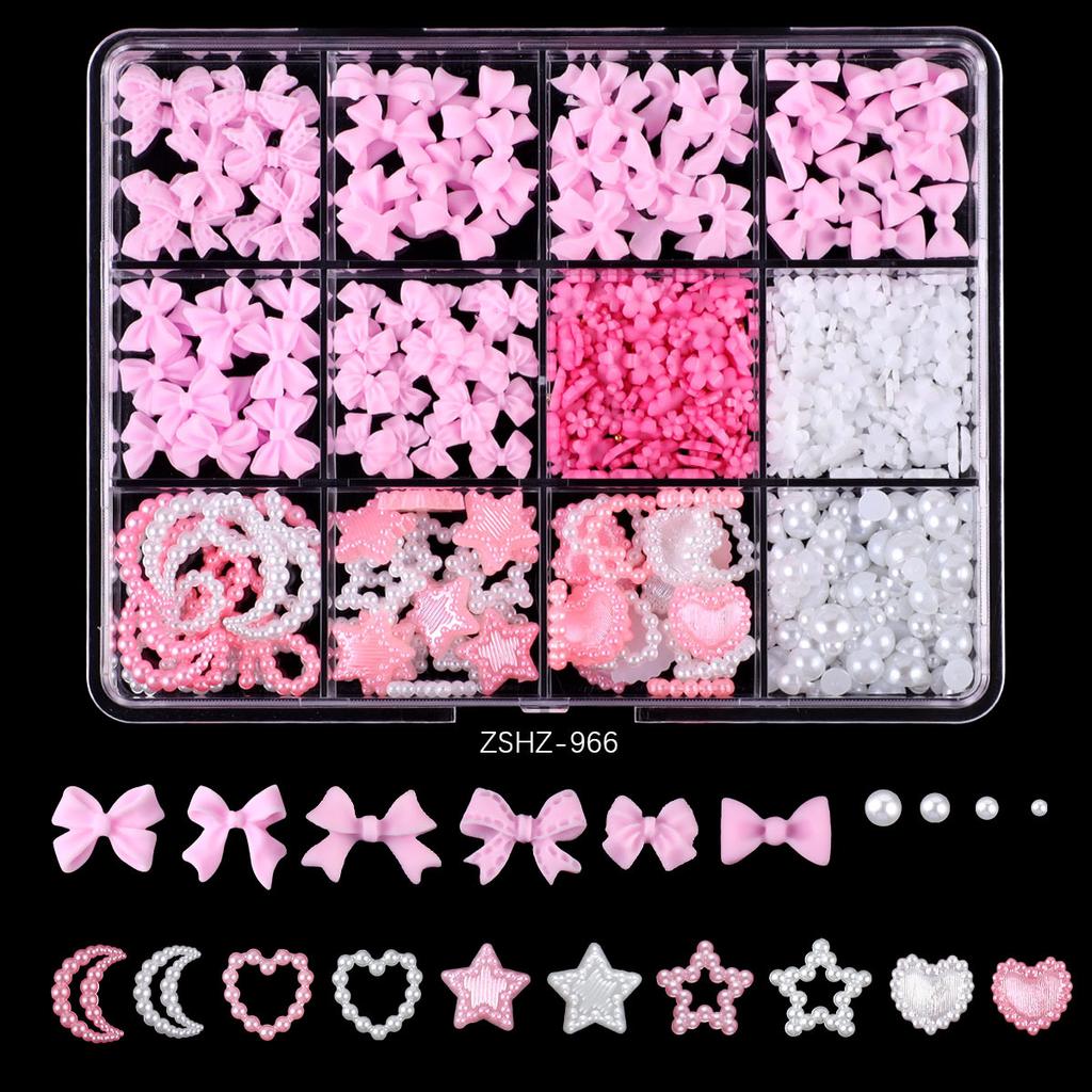 Смешанные акриловые банты 3D украшения для ногтей Цветочные смоляные подвески Золотые бусины Икра Жемчуг Смешанные стразы Аксессуары в коробке