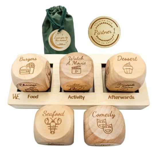 1 набор игральных костей для принятия решений для пар, 5 деревянных игральных костей и набор игральных костей для свиданий, игральные кости для еды на День святого Валентина, девичник, свадебный подарок