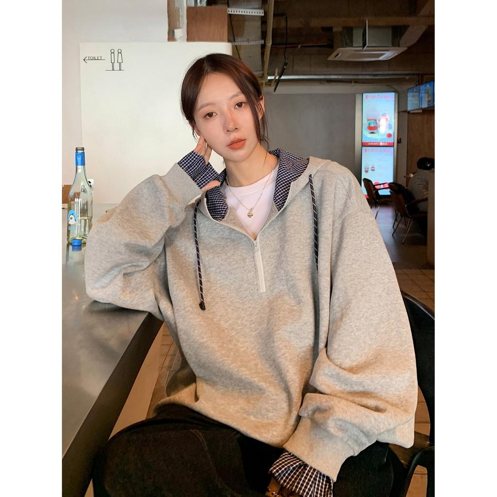 Light gray half zipper drawstring hooded sweater men's and women's spring silhouette loose casual versatile jacket top