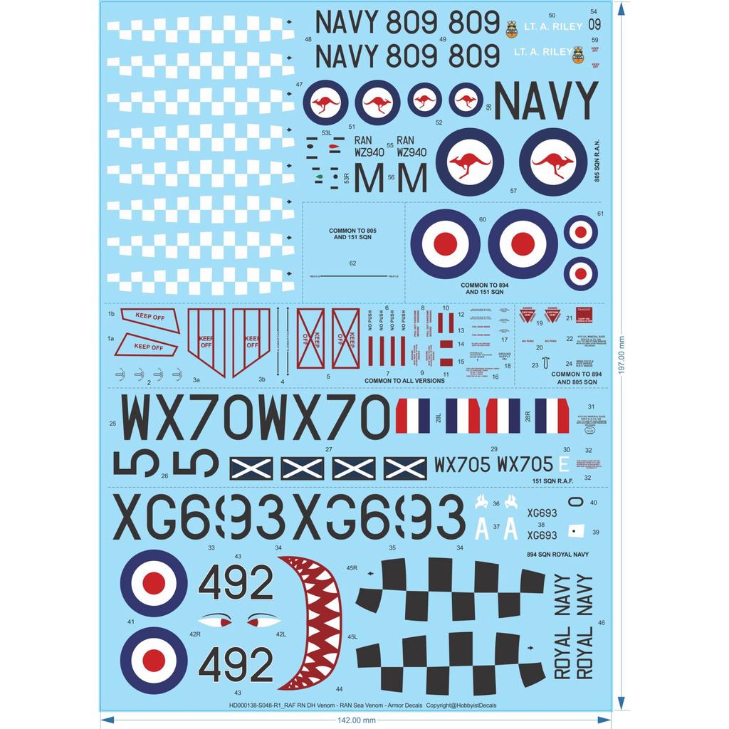 RAF RN DH Venom / RAN Sea Venom - 1/18 - Armor Decals - Waterslide, 1/18