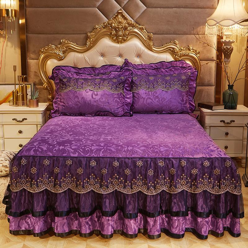 Бархатная кружевная юбка-кровать в европейском стиле, тисненое покрывало, нескользящий защитный чехол, теплое постельное белье на осень и зиму