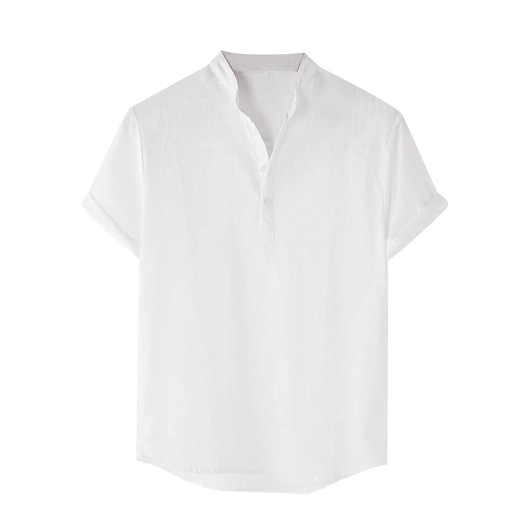 Men's Cotton Linen Shirt Regular Fit Short Sleeve V Neck Button Down Summer Shirt Beach T Shirts