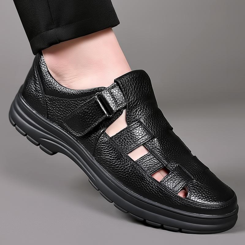 2025 Summer Casual Men's Hollow Hole Shoes Velcro Sandals Middle-aged and Elderly Soft-soled Lightweight Breathable Walking Shoes