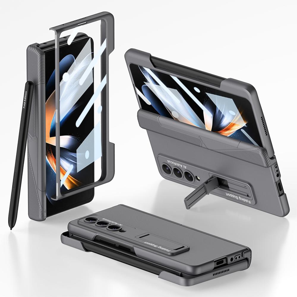Для Samsung Galaxy Z Fold 4 Чехол Ультратонкий Матовый Магнитный Складной Шарнир Подставка С Боковым Отсеком для Стилуса Закаленная Пленка Жесткий Чехол