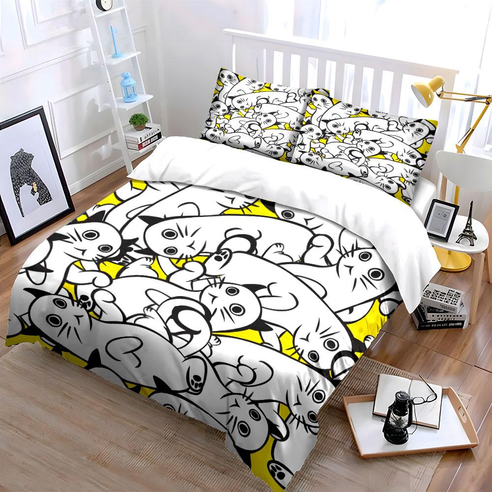 Cute Black and White Cat Pattern Bedding Duvet Cover Set (1*Duvet Cover 2*Pillowcases, without duvet insert)