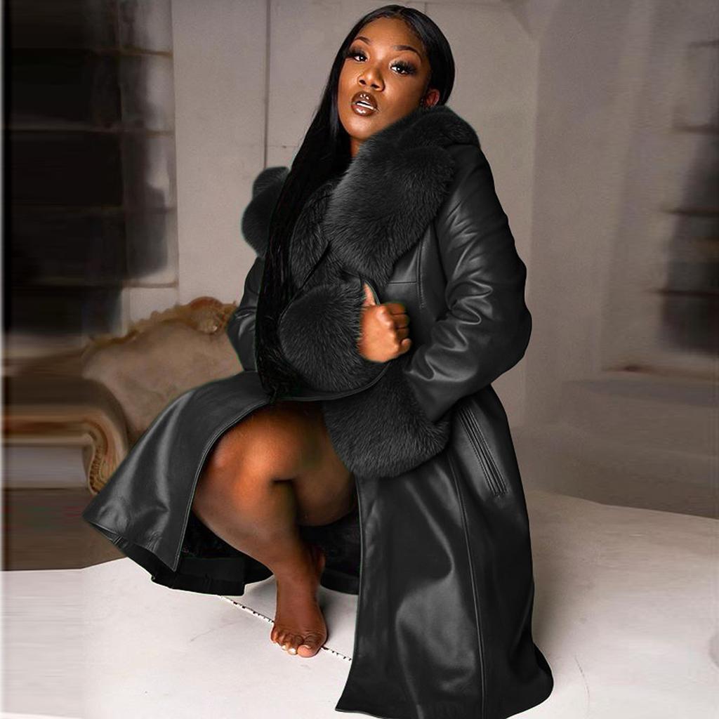 Женское кожаное пальто с воротником, зимняя мода, лацкан с длинным рукавом на молнии, повседневные куртки больших размеров, пальто