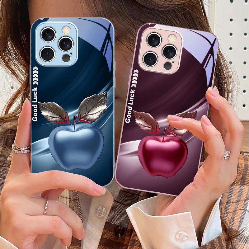 Простой Черный Счастливое Яблоко Для iPhone 16 E 15 14 13 Plus 12 mini 11 Pro Max XR Xs Max X 7 8 6 6S 2022 Закаленное Стекло Чехол для Телефона