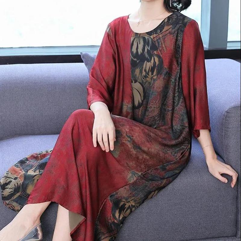 Женское летнее платье L-XXXXXL в китайском стиле для среднего возраста с рукавом 3/4 и круглым вырезом с принтом длиной до икры Повседневная одежда Домашняя одежда