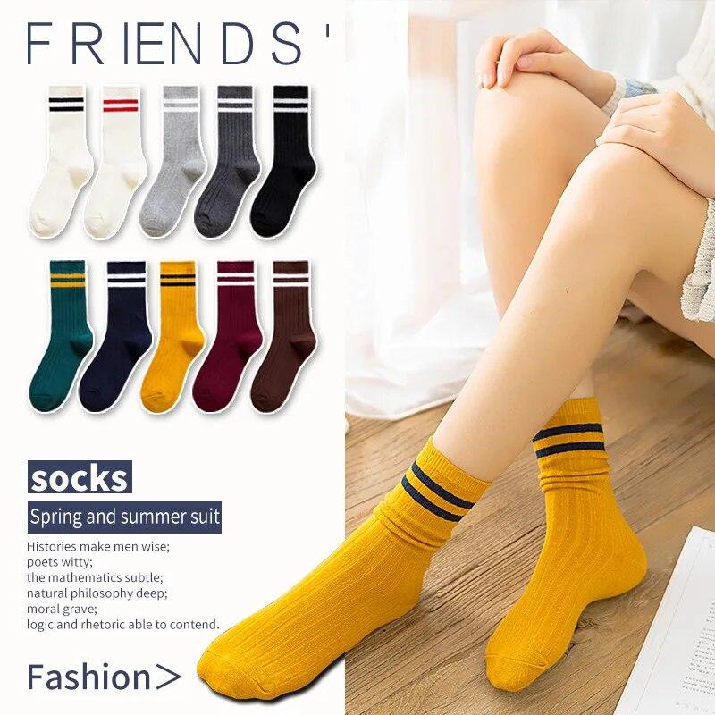 Socks Women's Autumn and Winter Japanese Style Pile Socks Solid Color Mid-tube College Style Parallel Bars Trend Retro Ladies Striped Socks