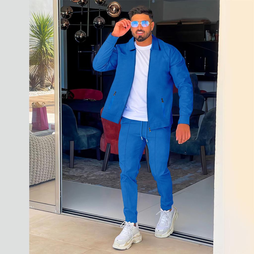 Весна Осень Повседневный спортивный комплект Мужская куртка с карманом на молнии и лацканами Брюки Мужской спортивный уличный костюм