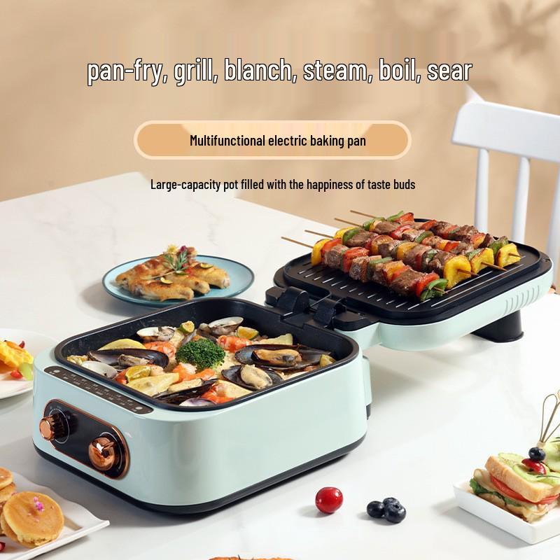 Многофункциональная электрическая шабу-шабу и гриль блинница: Двусторонняя нагревательная поверхность, большая вместимость, сковорода для жарки и гриля высокой ценности.