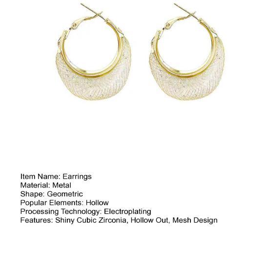 1 пара женских сережек-колец C-образной формы с ажурным сетчатым дизайном, блестящие кубические цирконии, висячие серьги
