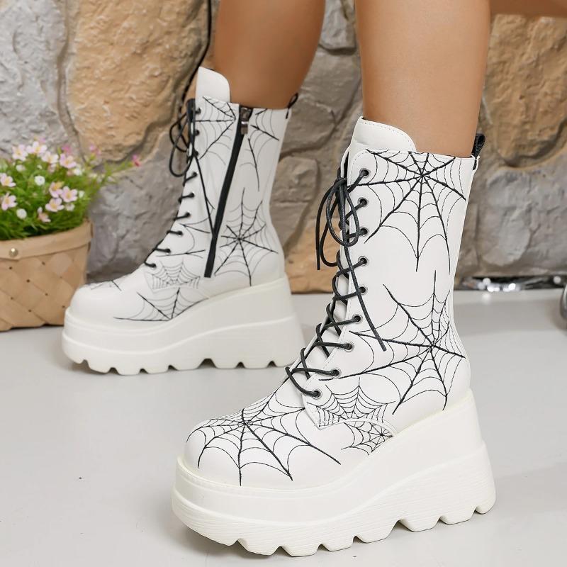 Fashion Fall New Fashion Round Toe Platform Side Zip Front Lace-Up Anti-Slip Wear-Resistant Short Thigh Single Boot