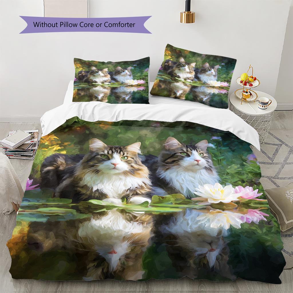 Maine Coon and Flowers Pattern Bedding Home Decoration Birthday Gift (1 * duvet cover + 2 * pillowcase, without core)
