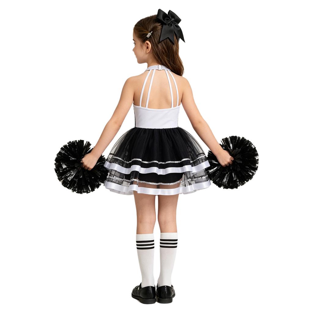Girls Cheerleading Outfit Sleeveless Halter Sparkling Sequins Backless Tulle Tutu Dress Flower Balls Headwear Socks Set