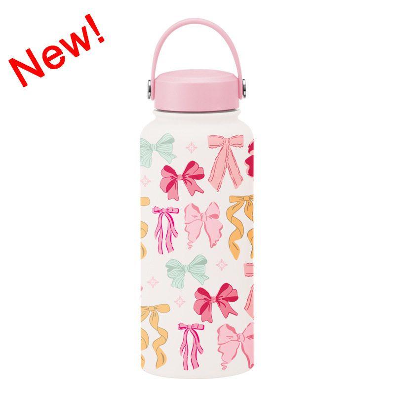 2025 New Model 1L Large Capacity Thermos Cup with Wide Mouth, Portable Handle, Sports Water Bottle, Outdoor Printed Water Cup for Women