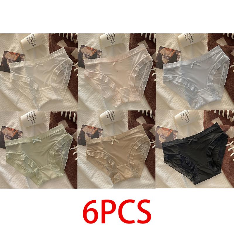 6 шт. Бесшовное женское нижнее белье Ледяной шелк Средняя посадка Дышащее Чистый хлопок Антибактериальное Кружево Треугольные трусики-маска
