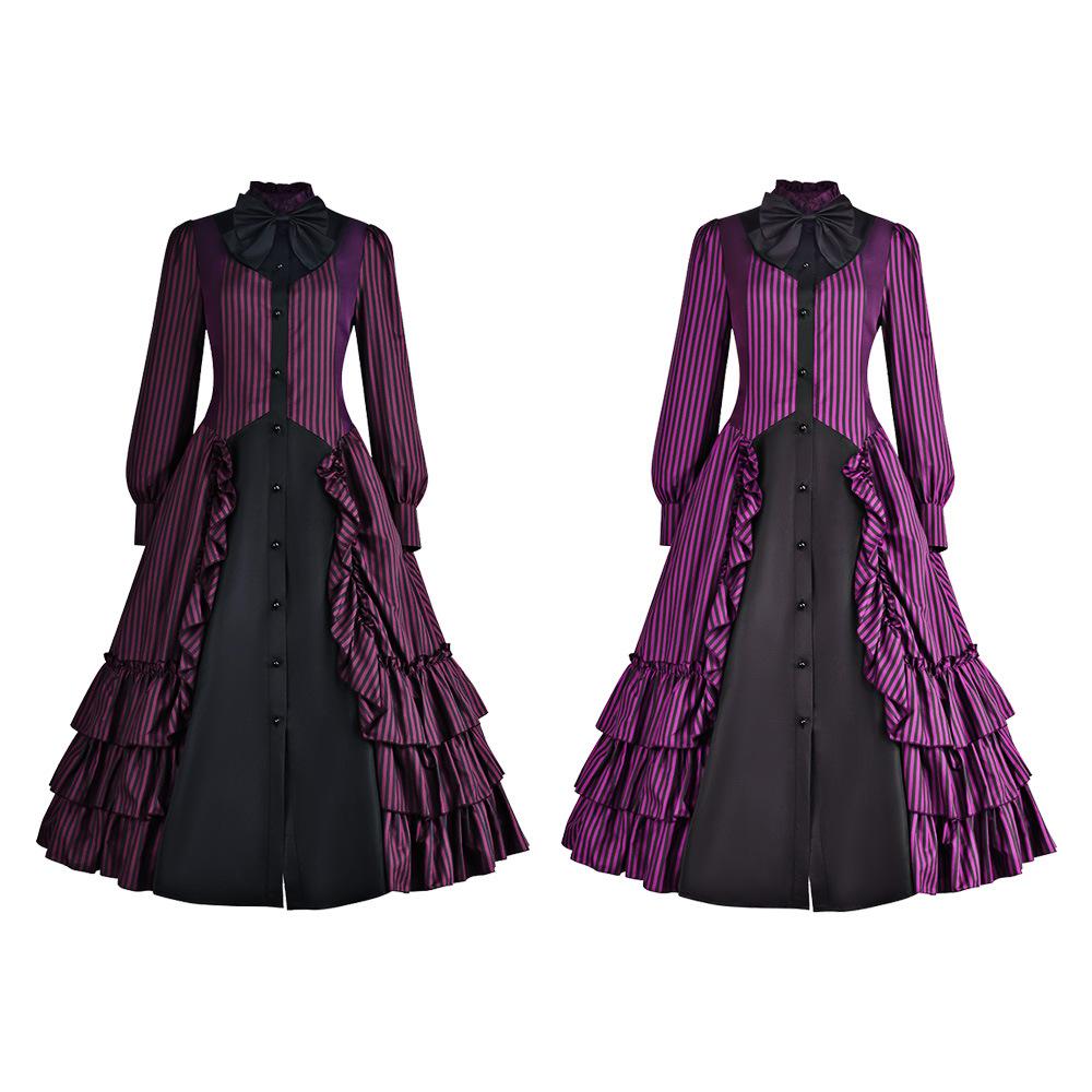 Gothic Vintage Dark Light Color Pleated Bow Dress cosplay Stage performance length