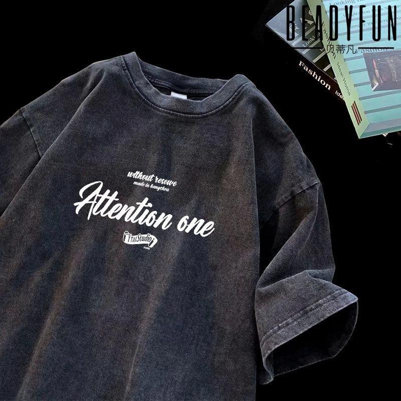 Женская выстиранная футболка Корейский топ С принтом Круглый вырез Короткий рукав Выстиранная футболка Мода Уличная одежда Футболка с коротким рукавом