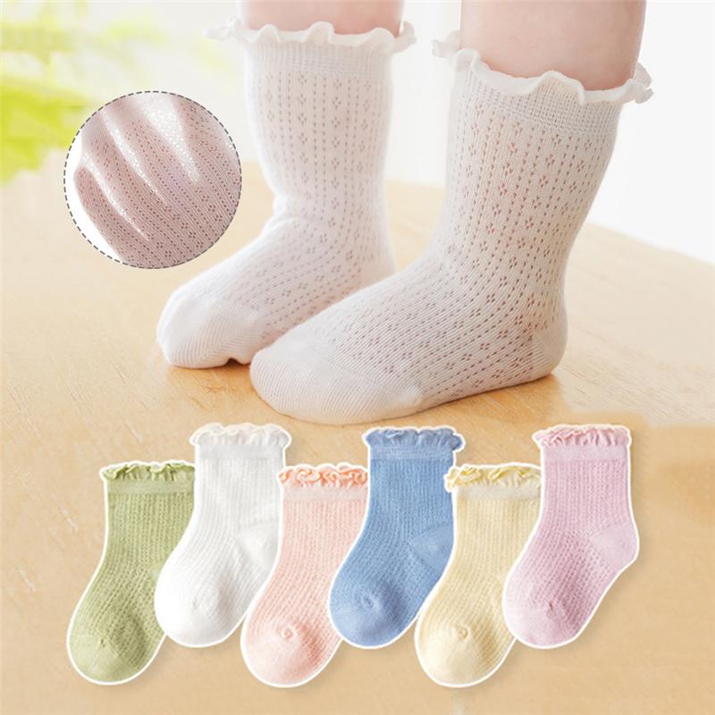 3 пары/лот Летние детские сетчатые тонкие носки однотонные мягкие хлопковые носки для новорожденных носки с рюшами для маленьких девочек милые дышащие носки