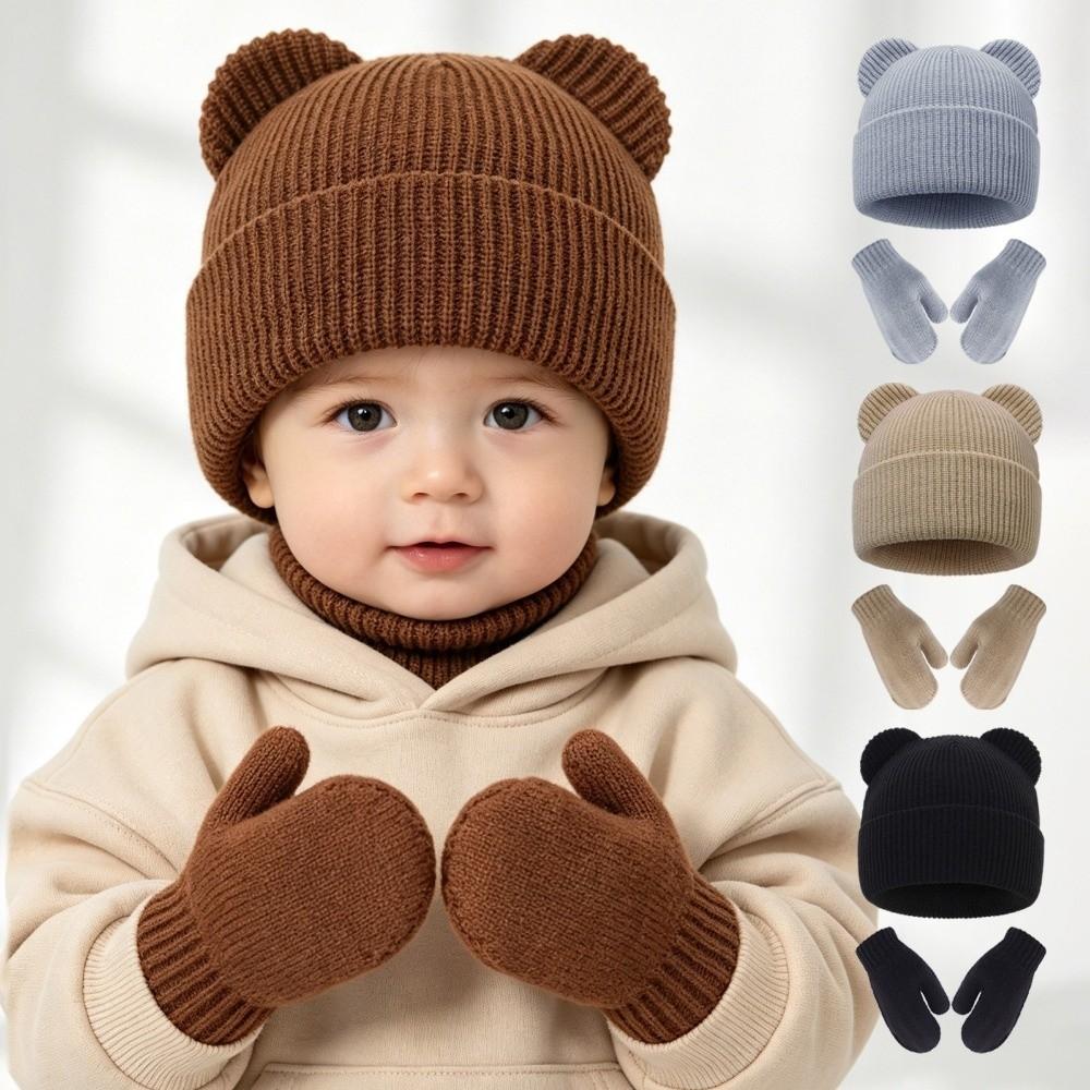 Knitted Children's Winter Hat Warm Knitted Hat Glove Set Cute Bear Ear Earflap Hat Winter
