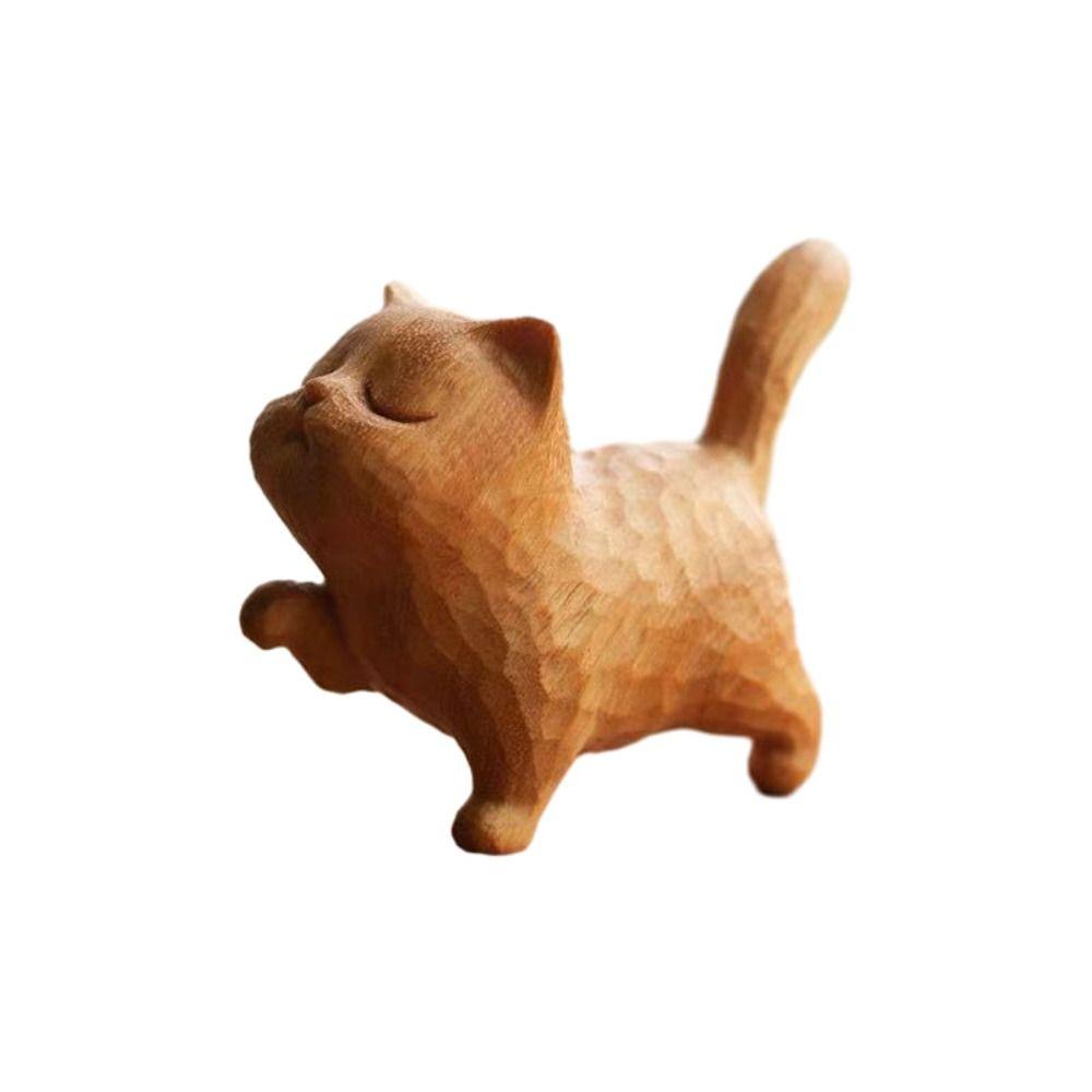 Small Wooden Cat Ornament Wooden Miniature Desk Animal Decoration Gift Animal Miniatures