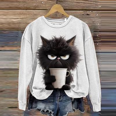 Осень/Зима Женская толстовка с капюшоном Teacup Cat Print Casual Long Sleeve Fashion Round Neck Top Oversize Woman Animal Pattern Clothing