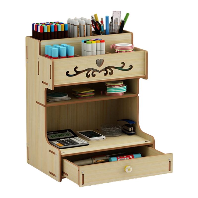 Wooden Pen Holder with Drawer Multi-Functional Desktop Stationary Pencil Box Home Office Art Supplies Organizer Rack