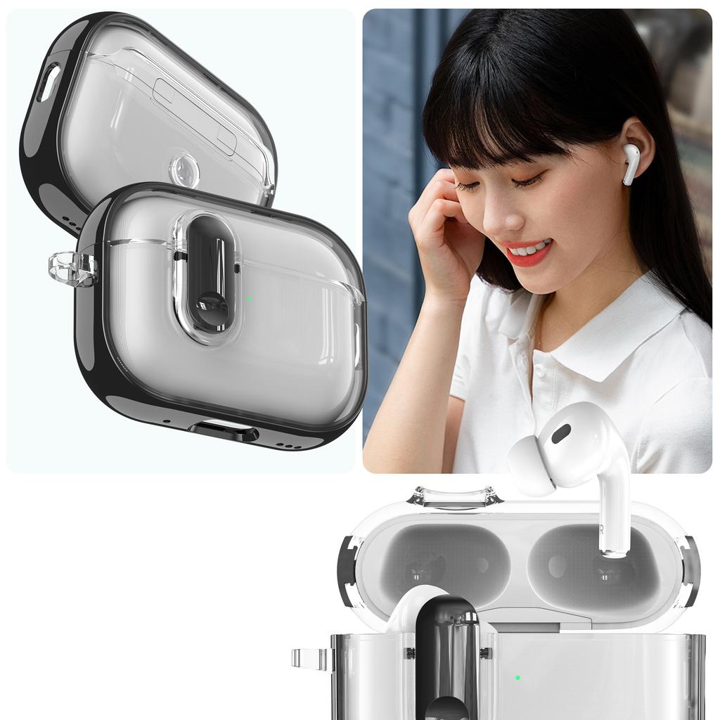 For Apple AirPods Pro / Pro 2 Case Clear Electroplated TPU PC Earbuds Cover with Lock Clasp / Carabiner